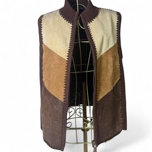 Designer Studio Originals brown and tan 100% leather vest with zipper Size PL